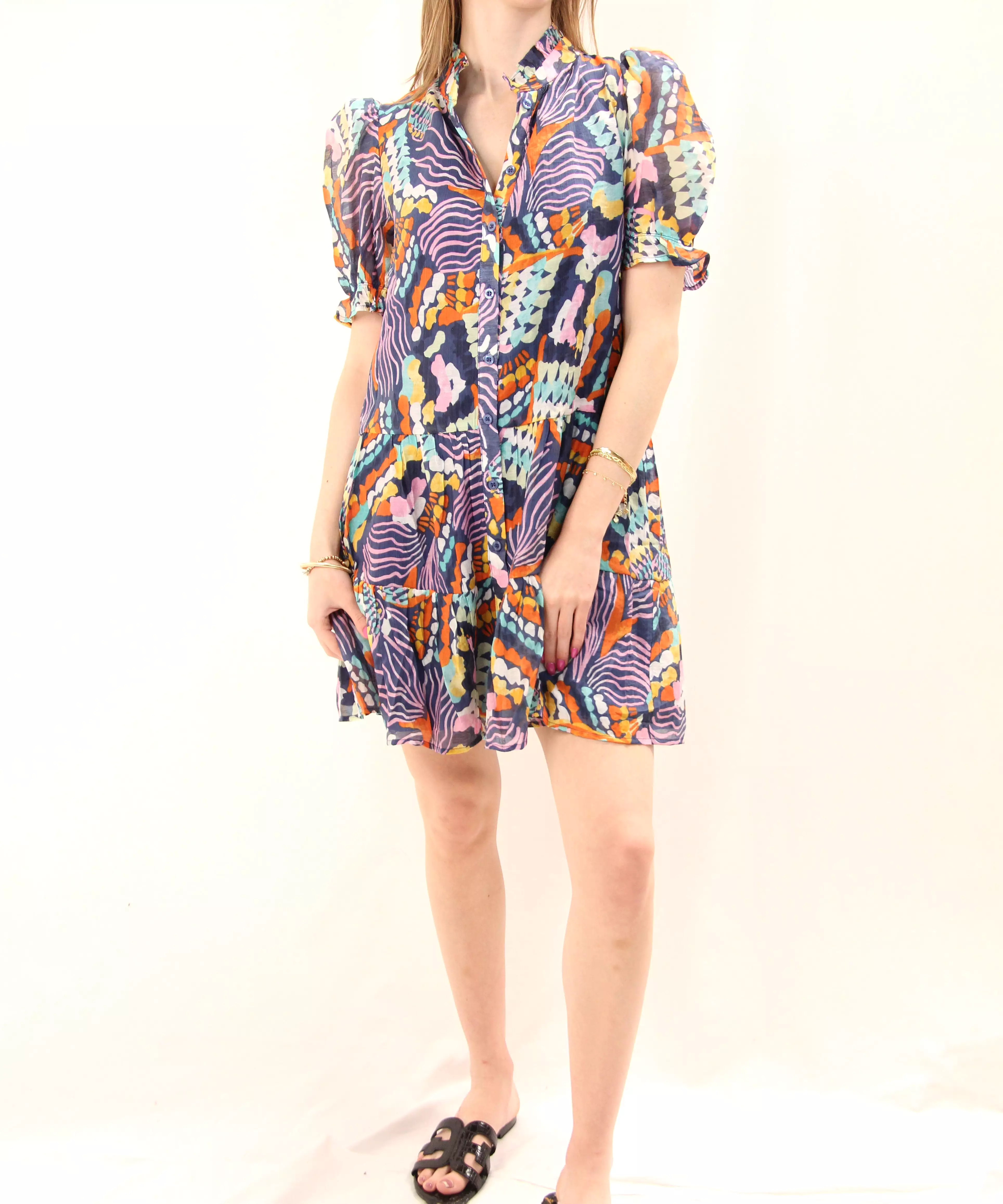 Printed Short Sleeve Dress - Blue