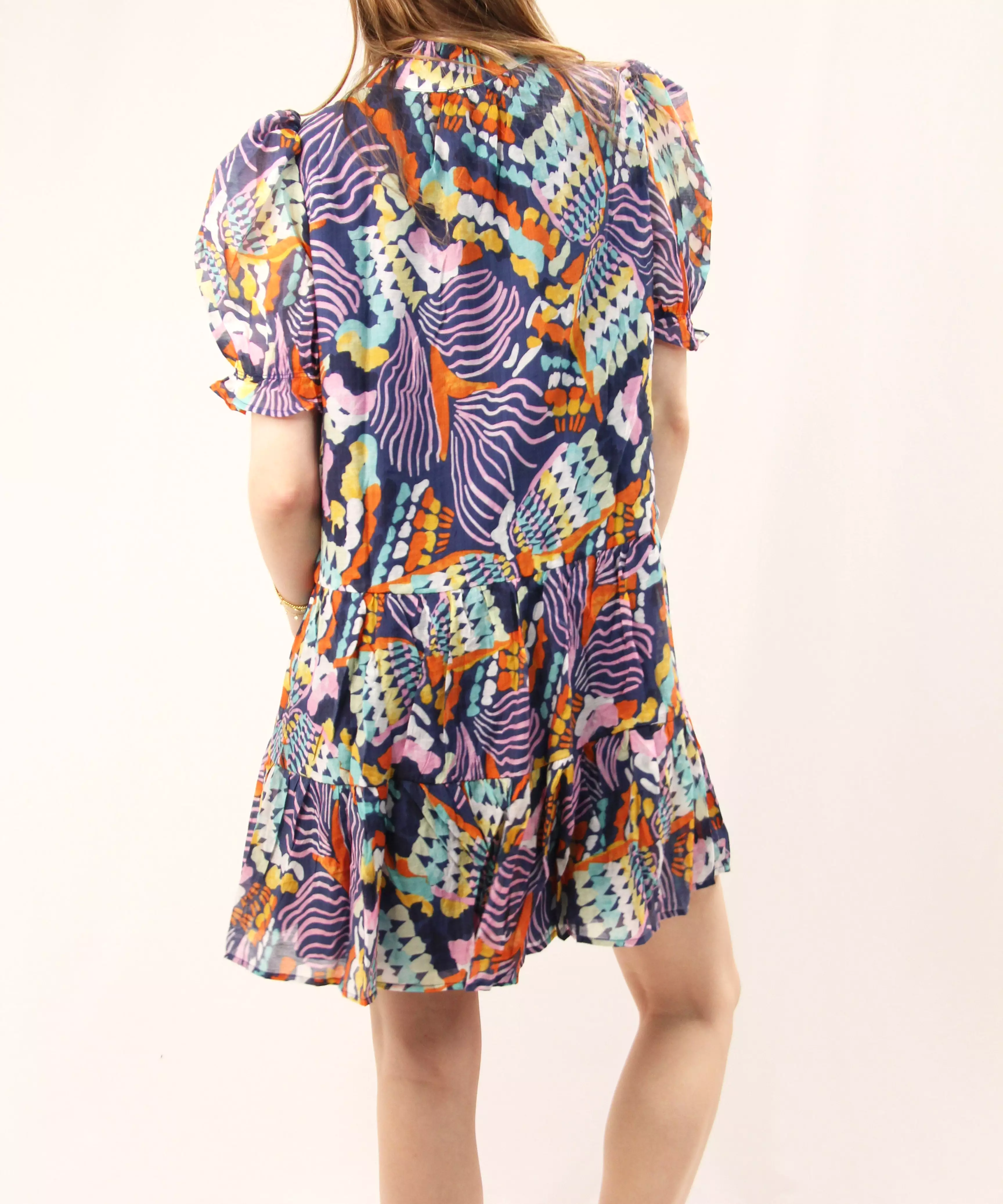 Printed Short Sleeve Dress - Blue