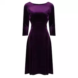 Purple Velour 3/4 Sleeve Vintage Swing Midi Dress