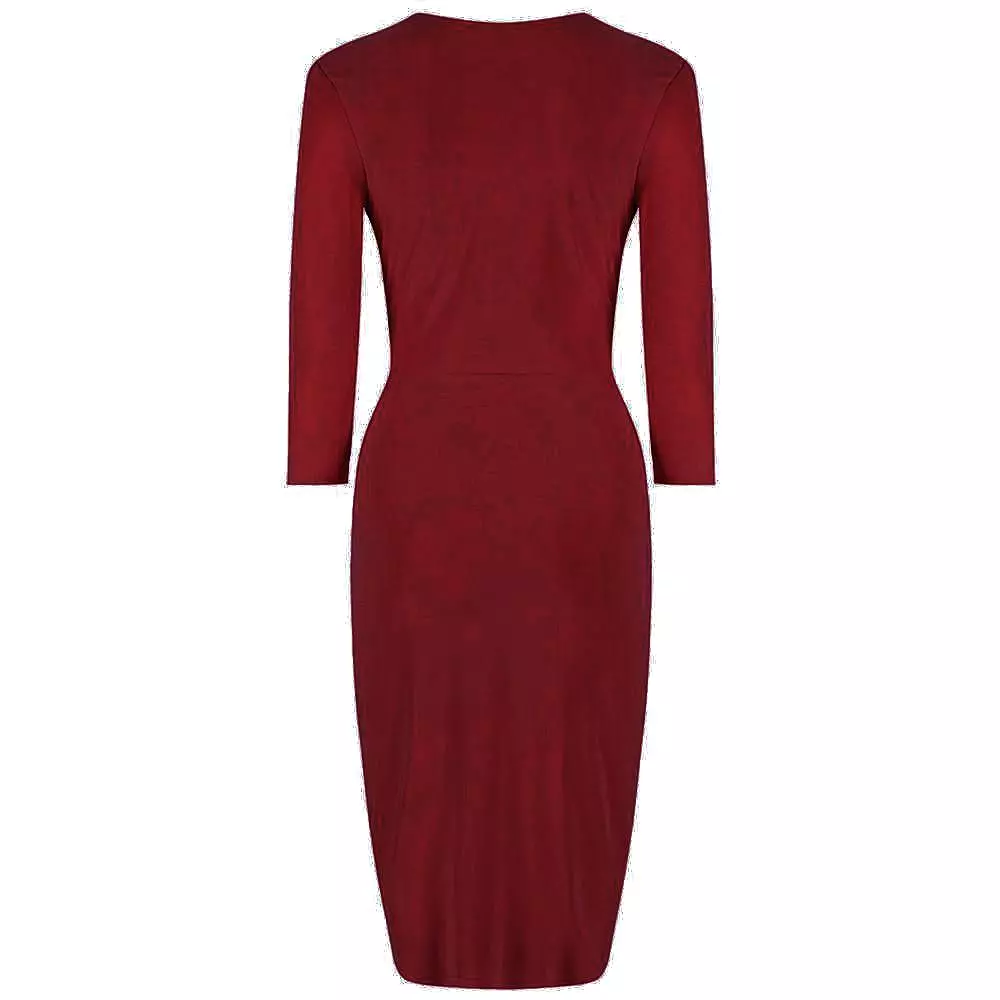 Red 3/4 Sleeve Crossover Top Bodycon Wiggle Pencil Dress