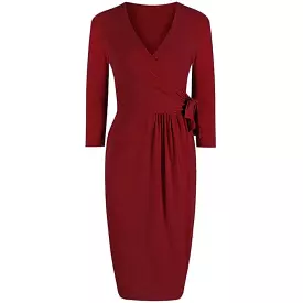 Red 3/4 Sleeve Crossover Top Bodycon Wiggle Pencil Dress