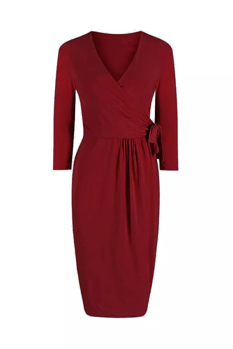 Red 3/4 Sleeve Crossover Top Bodycon Wiggle Pencil Dress