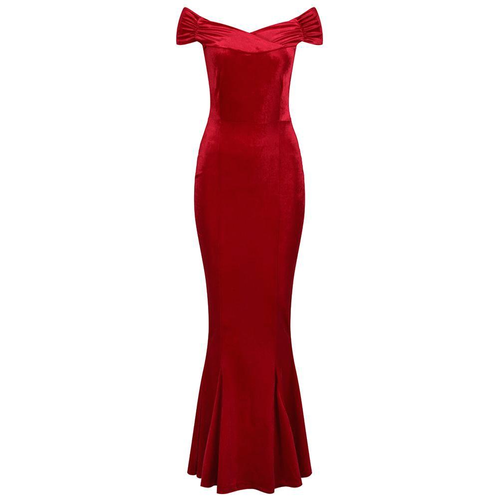 Red Cap Sleeve Crossover Bust Fishtail Hem Velour Maxi Dress