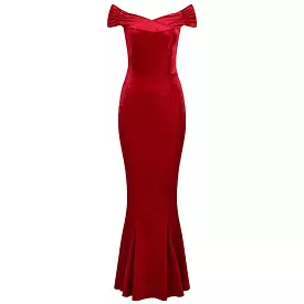 Red Cap Sleeve Crossover Bust Fishtail Hem Velour Maxi Dress