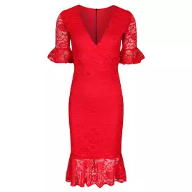 Red Lace Half Sleeve Fishtail Peplum Hem Bodycon Pencil Dress