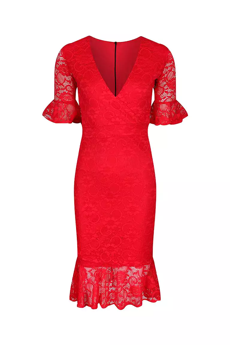 Red Lace Half Sleeve Fishtail Peplum Hem Bodycon Pencil Dress