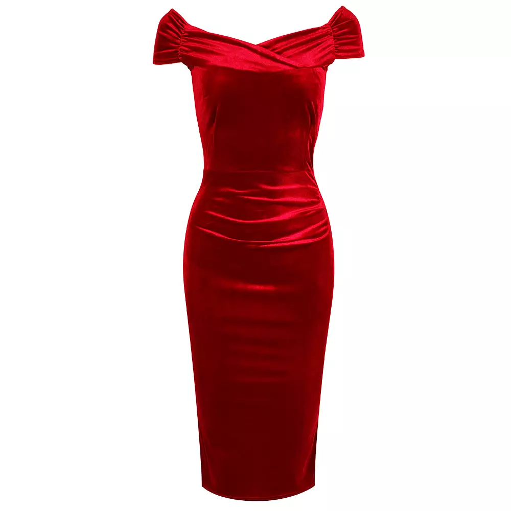 Red Velour Cap Sleeve Crossover Top Bardot Wiggle Dress