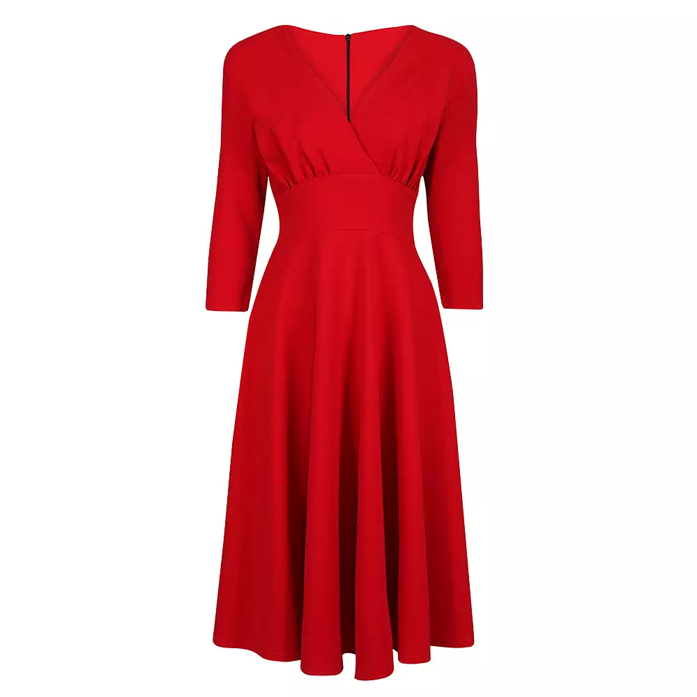 Red Vintage A Line Crossover 3/4 Sleeve Tea Swing Dress