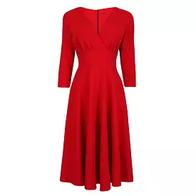 Red Vintage A Line Crossover 3/4 Sleeve Tea Swing Dress