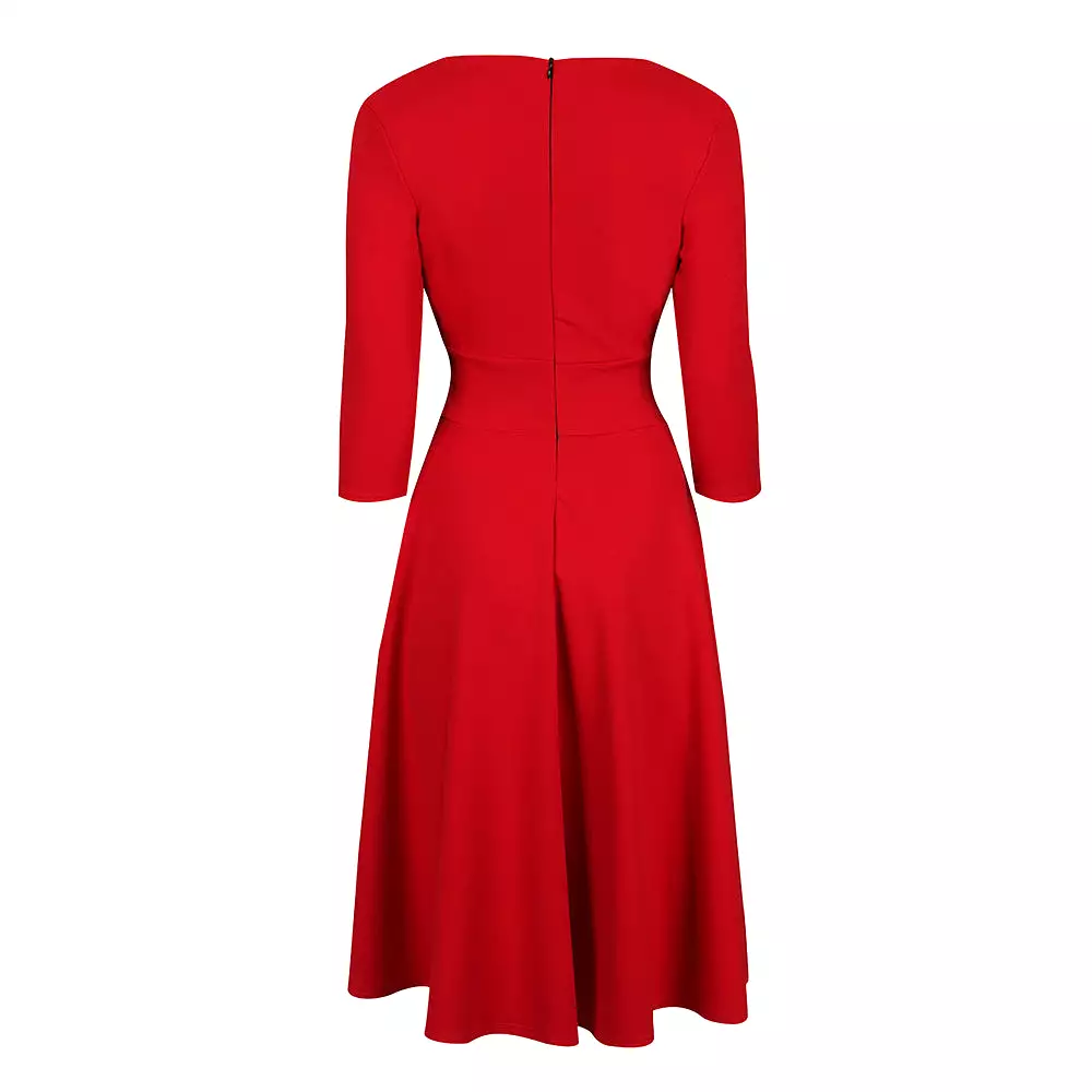 Red Vintage A Line Crossover 3/4 Sleeve Tea Swing Dress