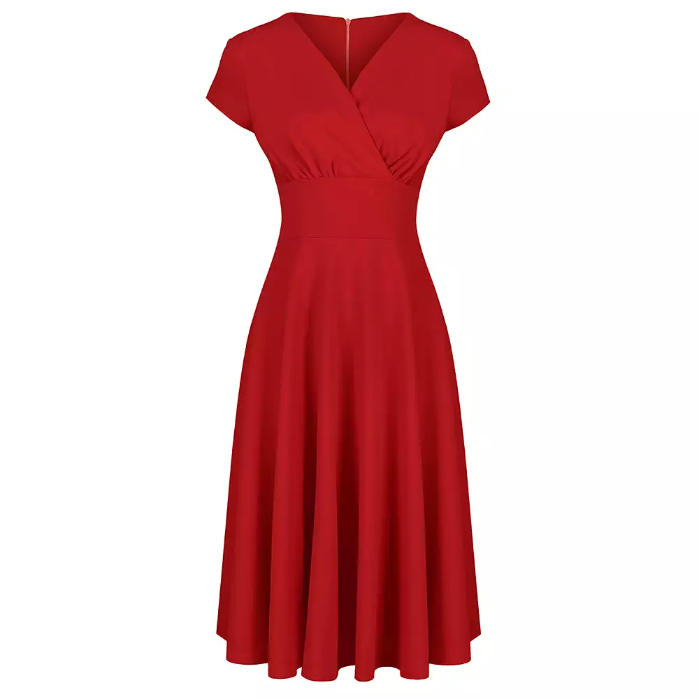 Red Vintage A Line Crossover Capped Sleeve Tea Swing Dress