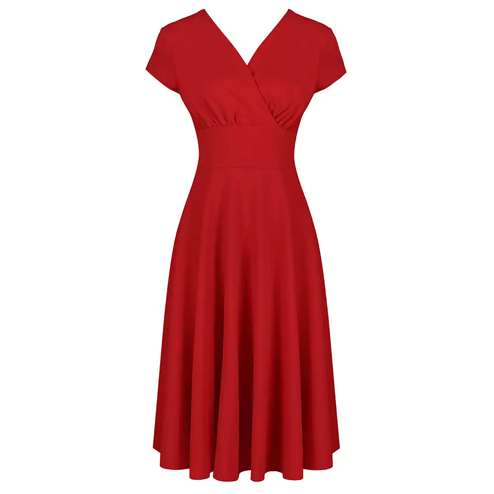 Red Vintage A Line Crossover Capped Sleeve Tea Swing Dress