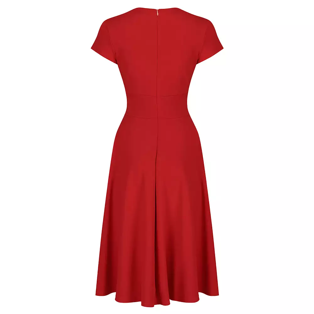 Red Vintage A Line Crossover Capped Sleeve Tea Swing Dress