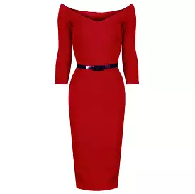 Red Wide V Neck 3/4 Sleeve Vintage Style Belted Pencil Dress