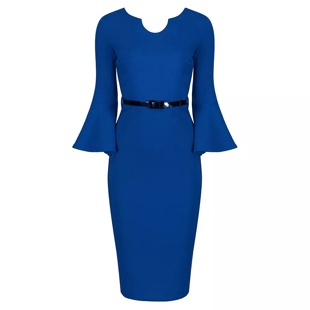 Royal Blue Belted 40s Style Peplum Sleeve Bodycon Wiggle Dress