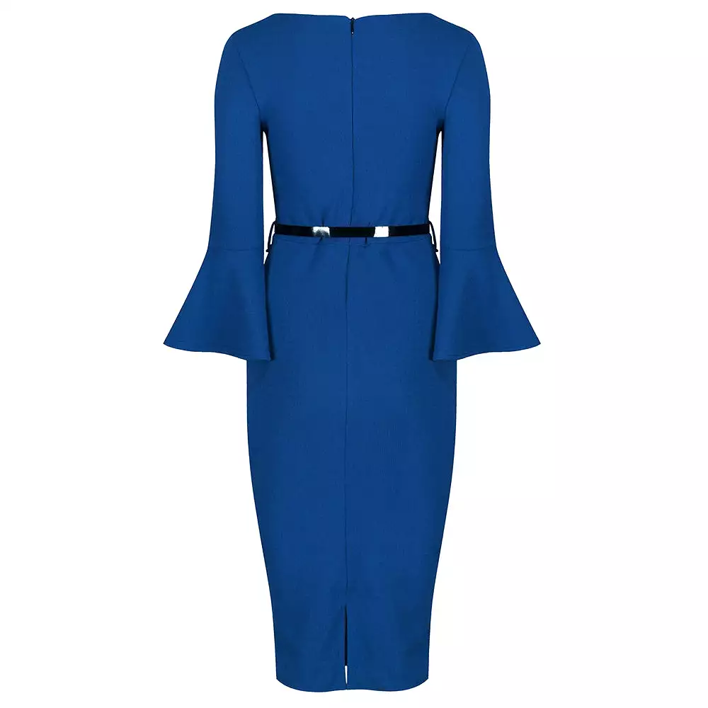 Royal Blue Belted 40s Style Peplum Sleeve Bodycon Wiggle Dress