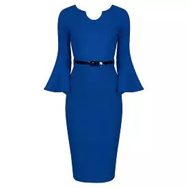 Royal Blue Belted 40s Style Peplum Sleeve Bodycon Wiggle Dress