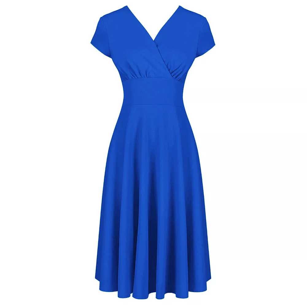 Royal Blue Vintage A Line Crossover Capped Sleeve Tea Swing Dress  by