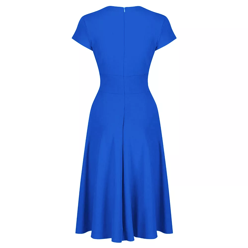 Royal Blue Vintage A Line Crossover Capped Sleeve Tea Swing Dress  by