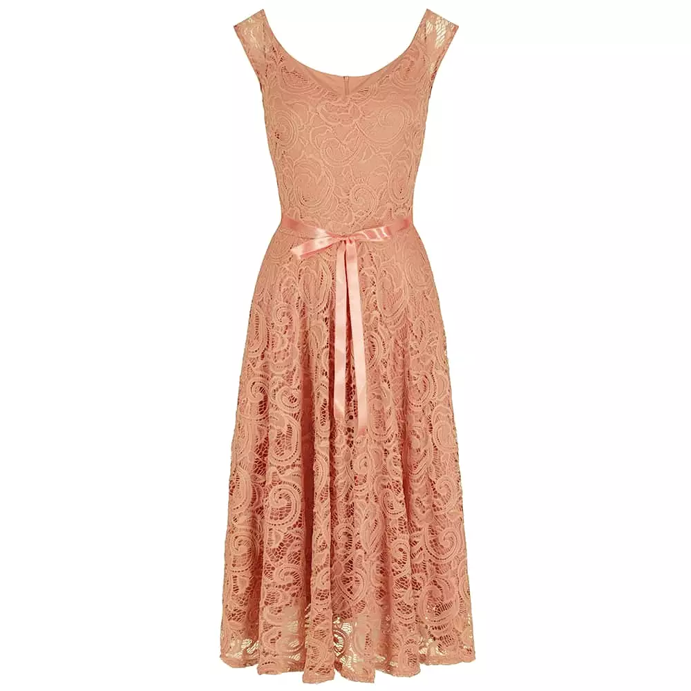 Salmon Pink Vintage Lace Embroidered Belted Dress