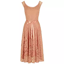 Salmon Pink Vintage Lace Embroidered Belted Dress