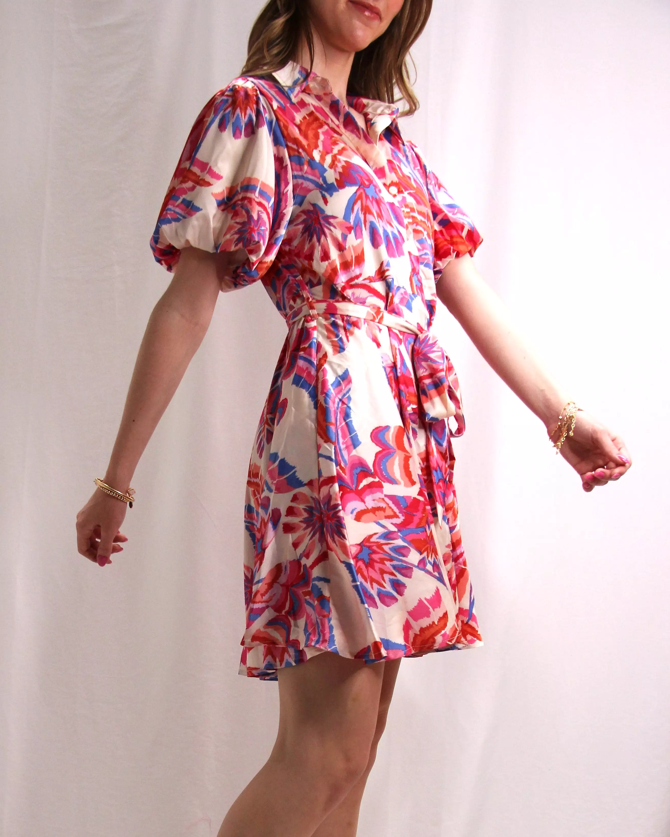 Satin Print Dress with Belted Waist - Off White