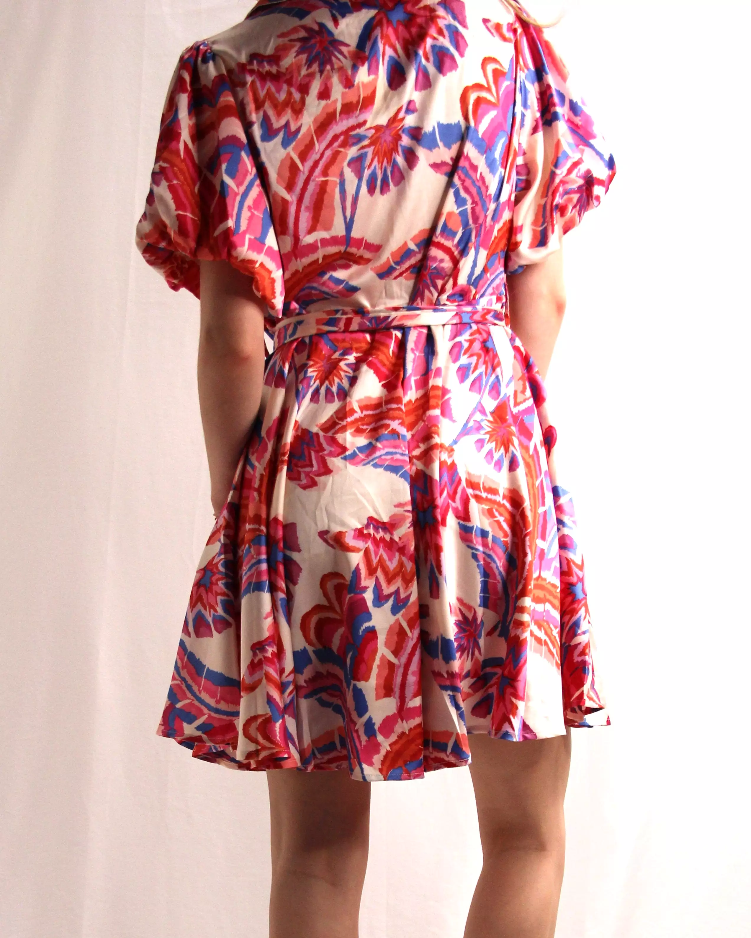 Satin Print Dress with Belted Waist - Off White