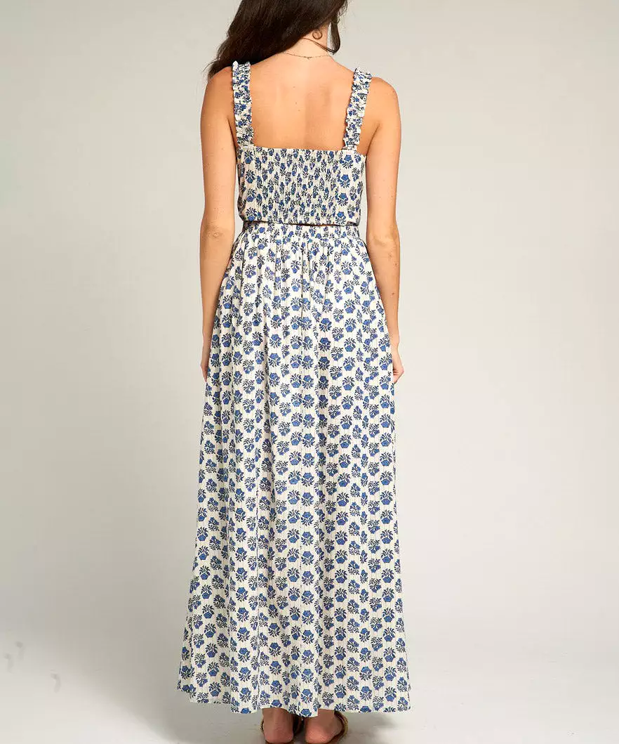 Sleeveless Maxi Dress with Open Back Detail - Blue/Ivory