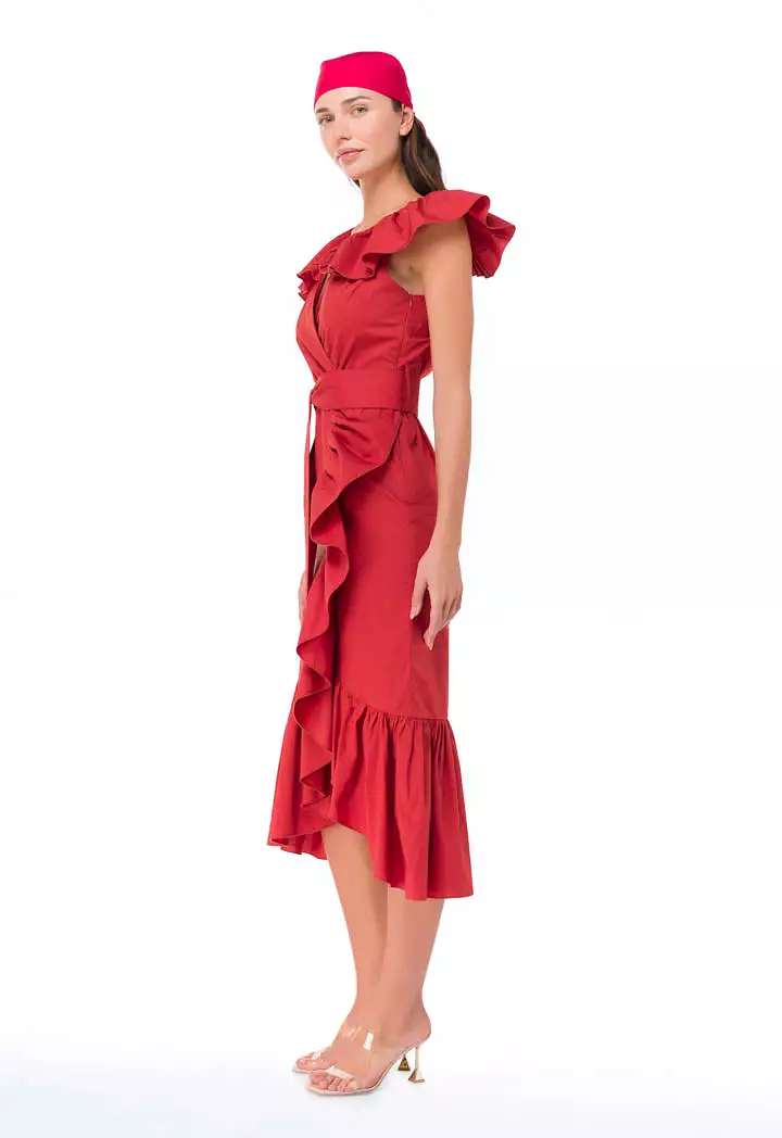 Solid Frilled Asymmetrical Neck Dress