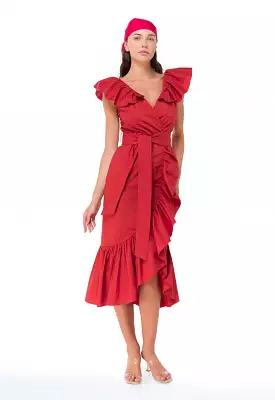 Solid Frilled Asymmetrical Neck Dress