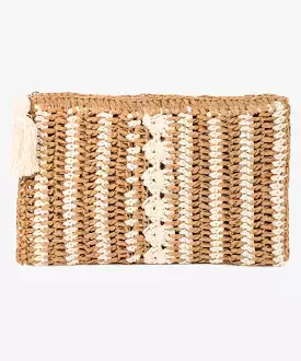 Straw Clutch with Tassel and Zipper - Khaki