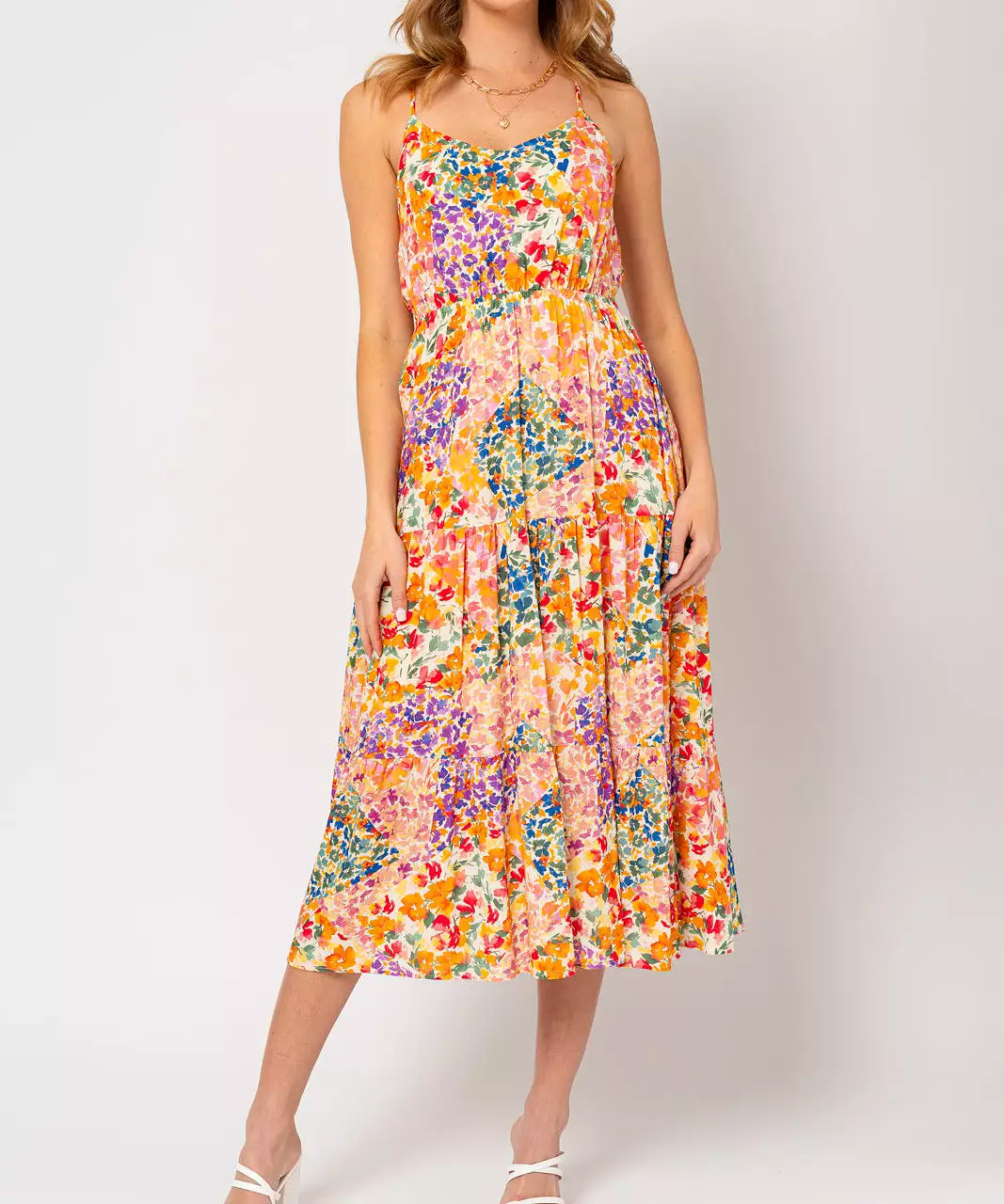 Tiered Floral Midi Dress - Ivory Multi