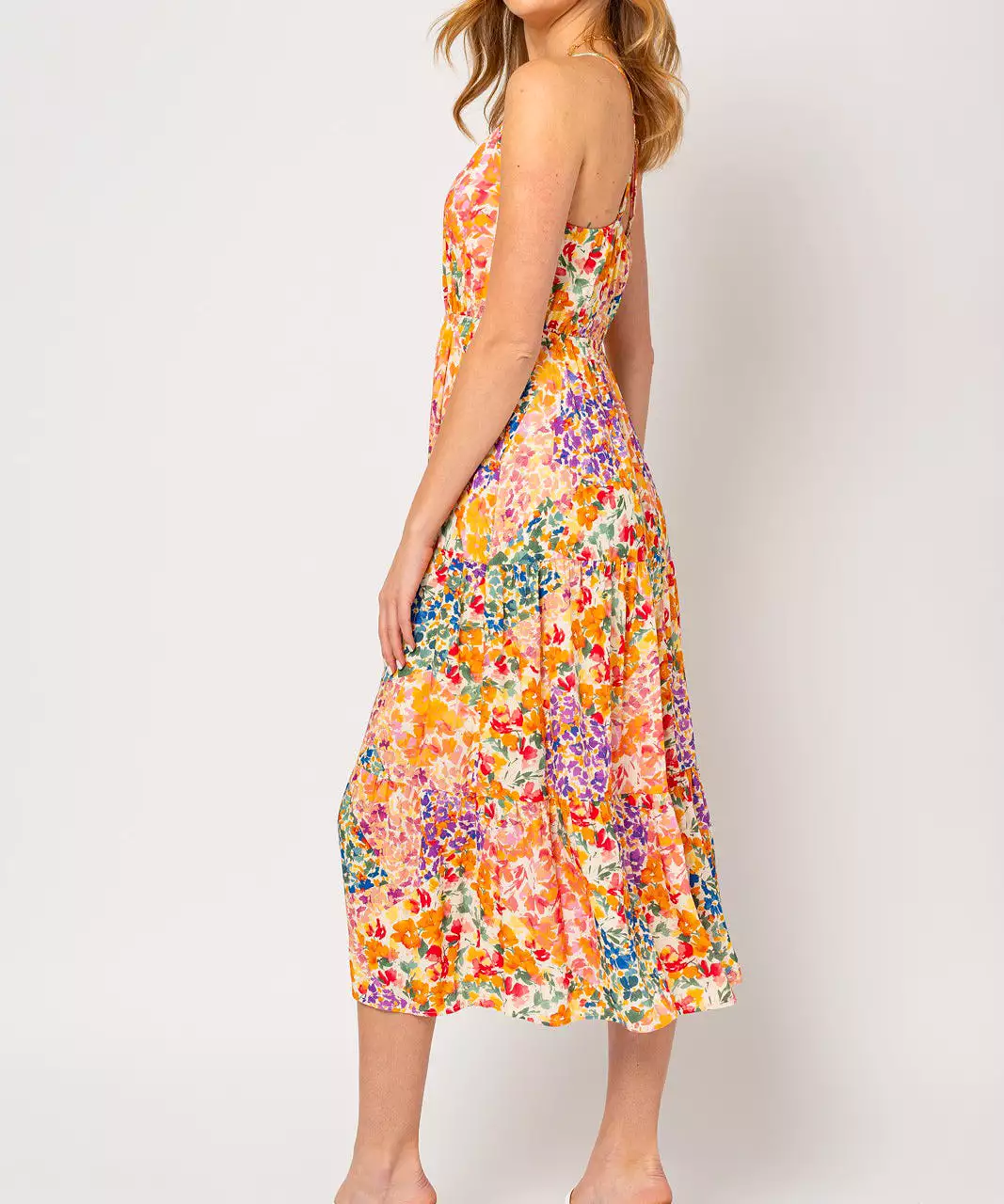 Tiered Floral Midi Dress - Ivory Multi