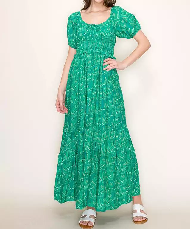 Tiered Floral Print Maxi Dress - Green