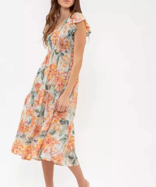 V-Neck Floral Midi Dress - Mint Multi