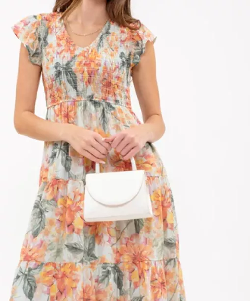 V-Neck Floral Midi Dress - Mint Multi