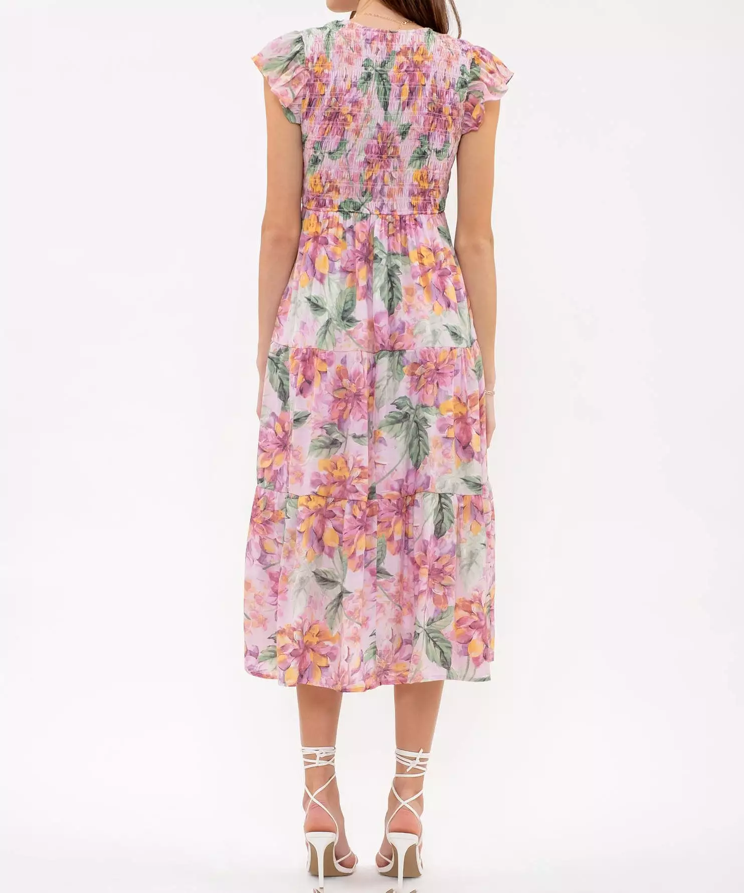 V-Neck Floral Midi Dress - Pink Multi