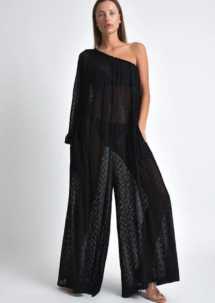 Valentino One Shoulder Stretchy Lace Jumpsuit in Black