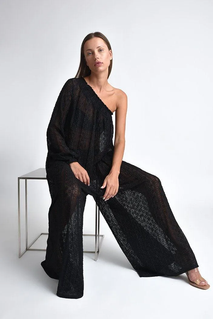 Valentino One Shoulder Stretchy Lace Jumpsuit in Black