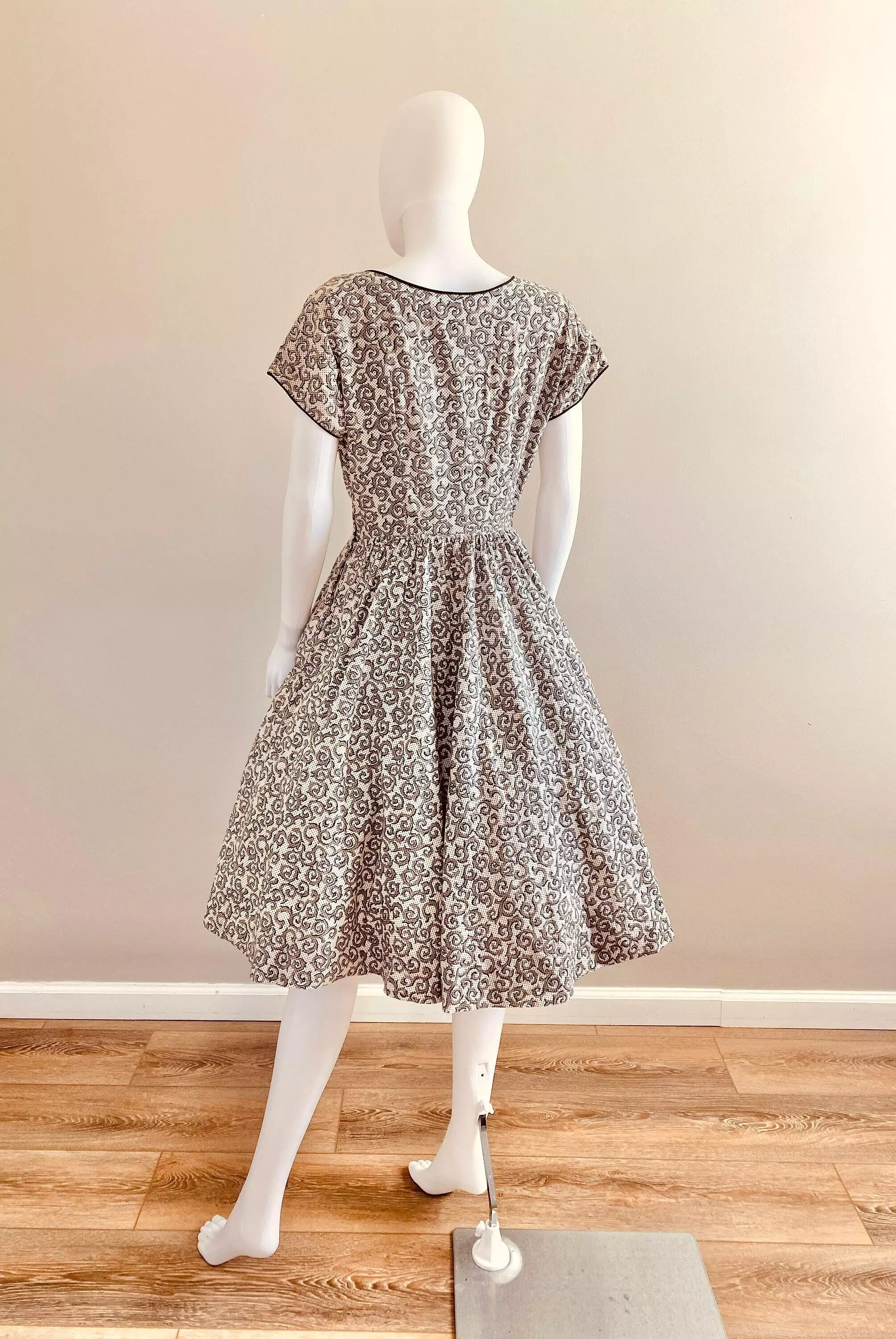 Vintage 1950s Black and White Cotton Day Dress with Rhinestones / 50s retro polka dot fit and flare casual dress with pockets / 