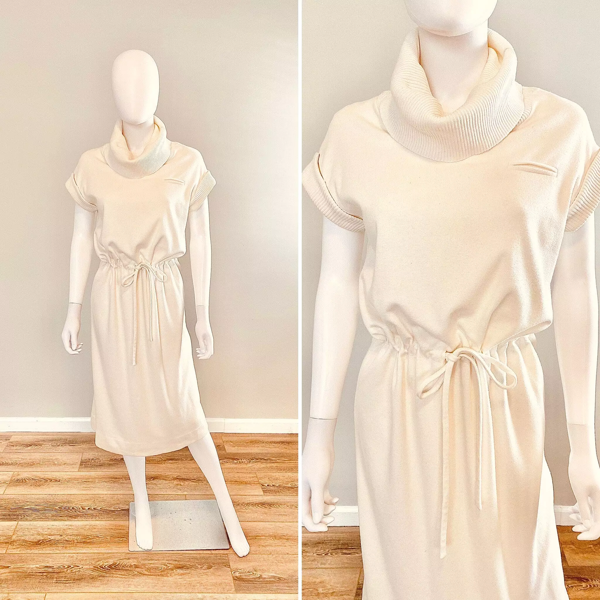 Vintage 1960s Cream Shirt Dress / 60s Kimberly Cowl Neck Cotton Dress / Size S M