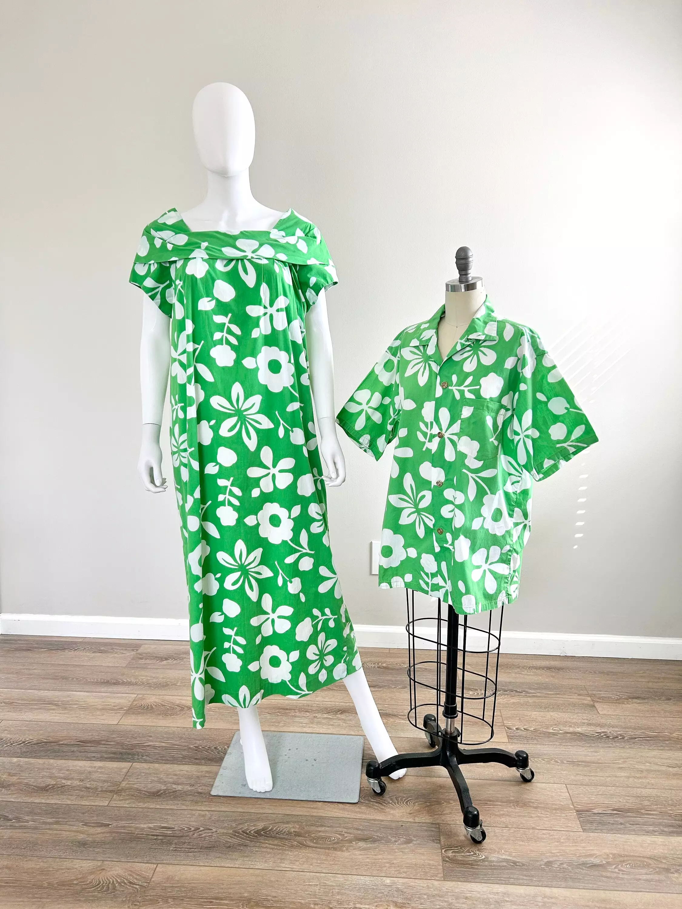 Vintage 1960s Hawaiian Dress and Shirt Matching Set / 60s Couples set / Size L XL