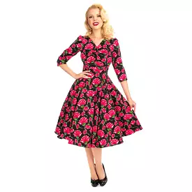 Vintage Black Red Rose Floral Print 3/4 Sleeve 50s Swing Dress