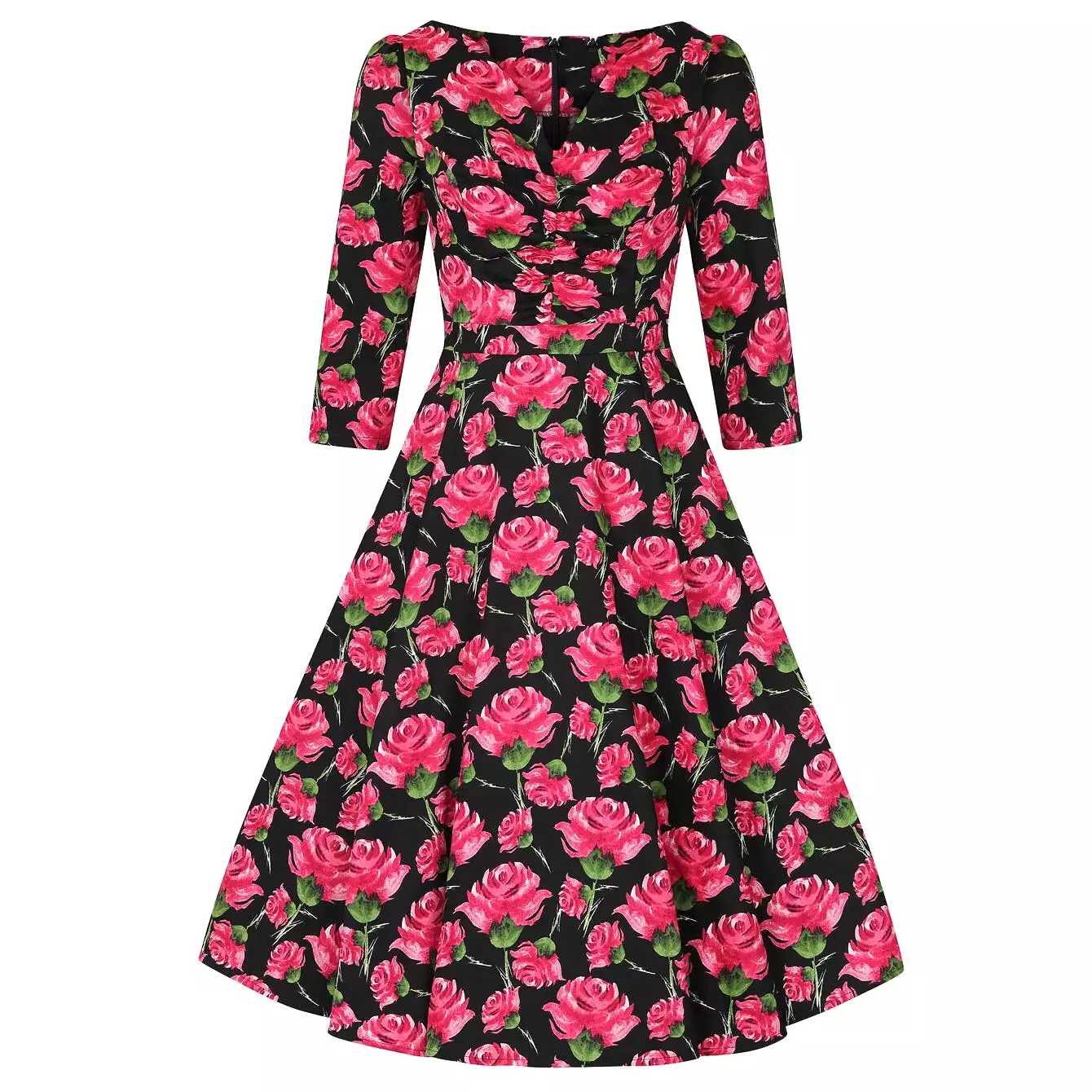 Vintage Black Red Rose Floral Print 3/4 Sleeve 50s Swing Dress