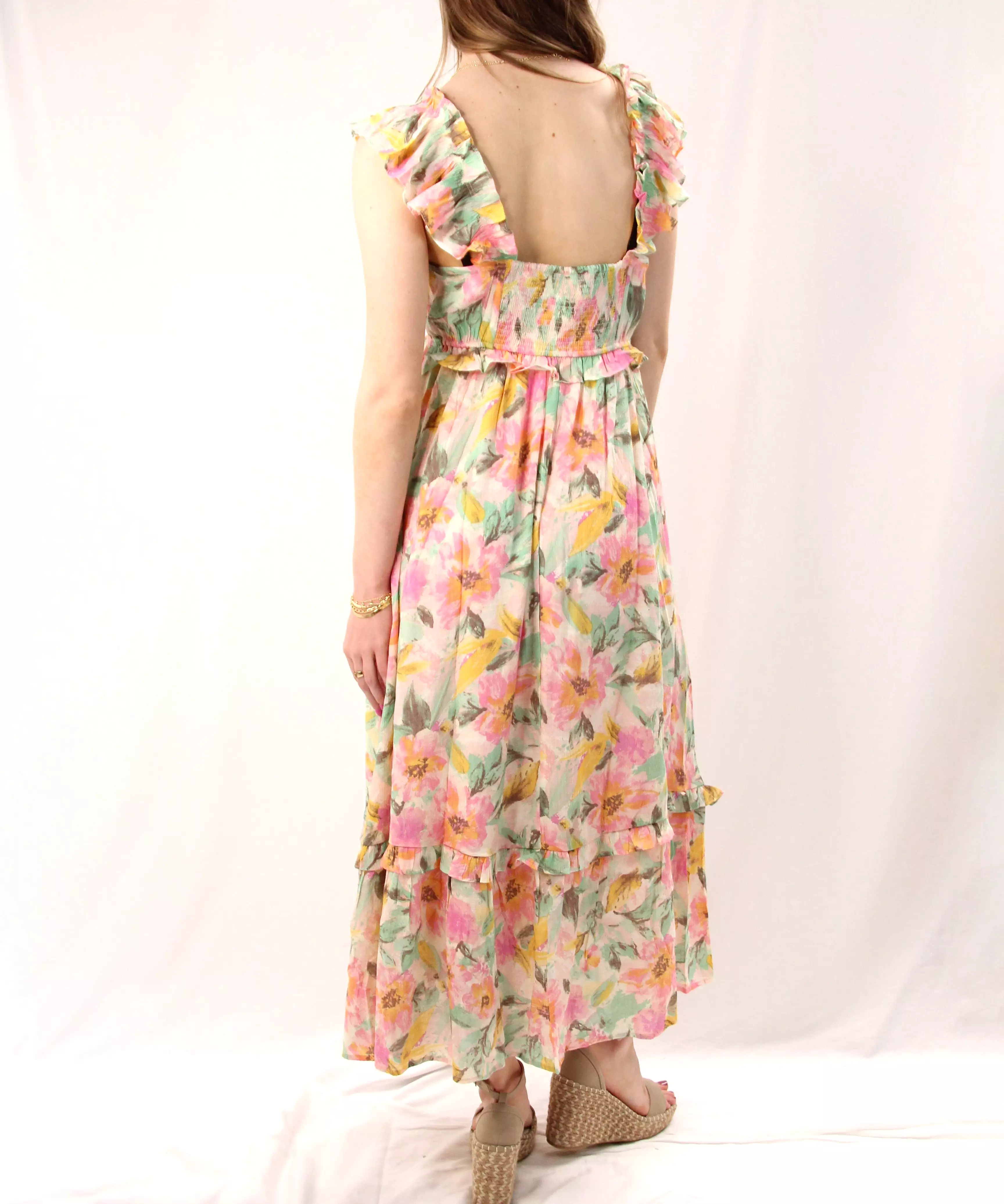 Watercolor Floral Midi Dress - Ivory Multi