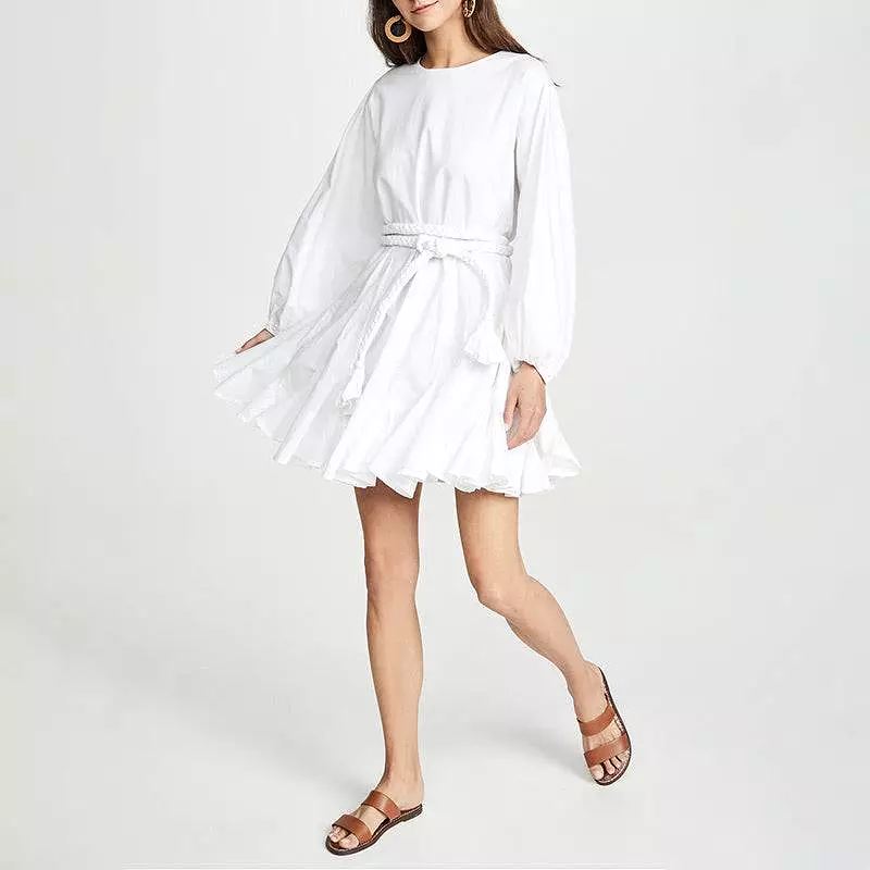 White Big Sleeve Robe Waist Tie Short Dress