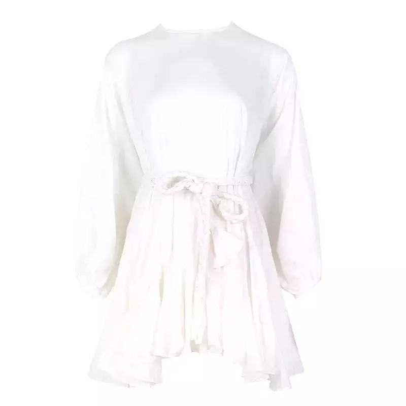 White Big Sleeve Robe Waist Tie Short Dress