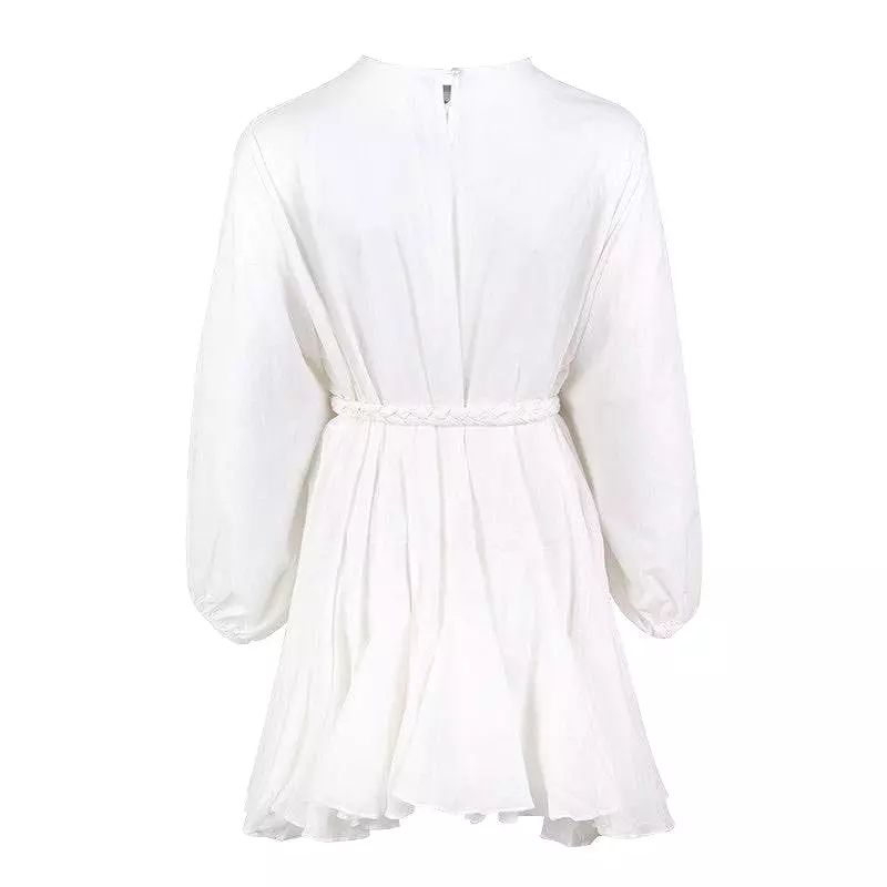 White Big Sleeve Robe Waist Tie Short Dress