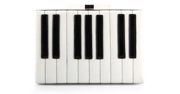 White Patent Lether Piano Keyboard Rectangular Evening Clutch Purse Jewelry Box