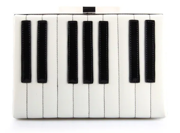 White Patent Lether Piano Keyboard Rectangular Evening Clutch Purse Jewelry Box